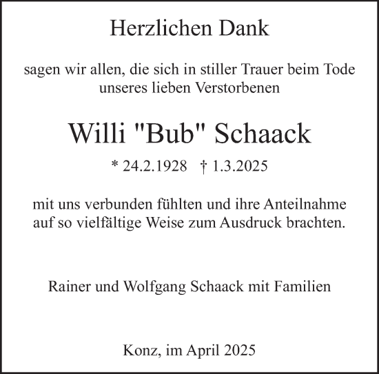 Traueranzeige von Willi Schaack von trierischer_volksfreund