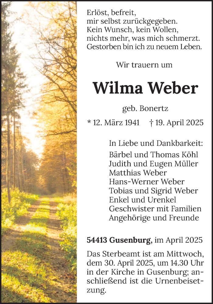  Traueranzeige für Wilma Weber vom 26.04.2025 aus trierischer_volksfreund