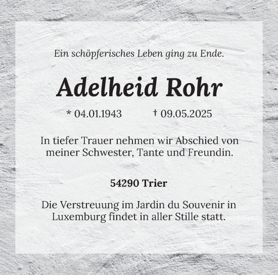 Traueranzeige von Adelheid Rohr von trierischer_volksfreund