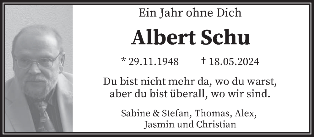  Traueranzeige für Albert Schu vom 17.05.2025 aus trierischer_volksfreund