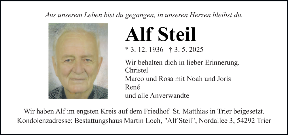  Traueranzeige für Alf Steil vom 24.05.2025 aus trierischer_volksfreund
