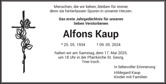 Traueranzeige von Alfons Kaup von trierischer_volksfreund