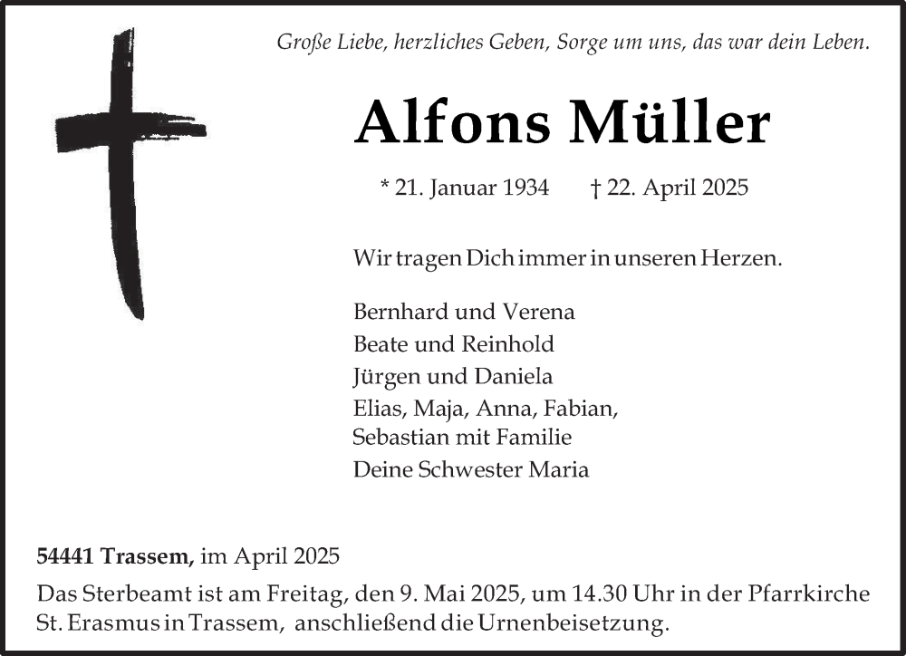  Traueranzeige für Alfons Müller vom 03.05.2025 aus trierischer_volksfreund