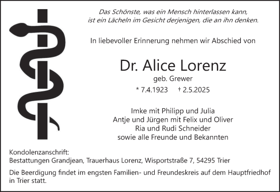 Traueranzeige von Alice Lorenz von trierischer_volksfreund