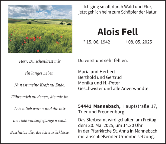 Traueranzeige von Alois Fell von trierischer_volksfreund