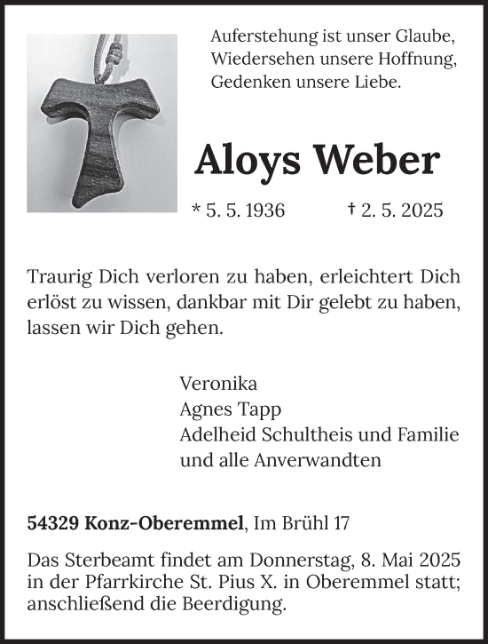 Traueranzeige von Aloys Weber von trierischer_volksfreund