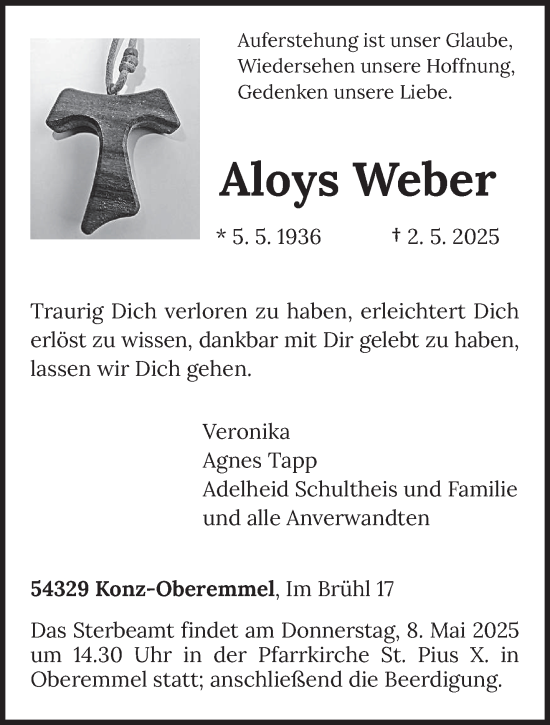 Traueranzeige von Aloys Weber von trierischer_volksfreund