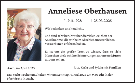 Traueranzeige von Anneliese Oberhausen von trierischer_volksfreund