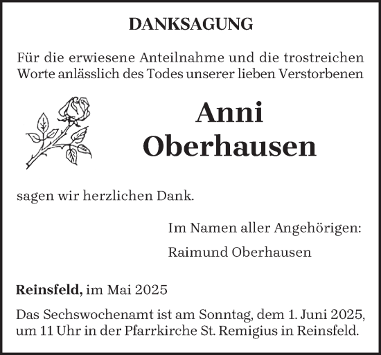 Traueranzeige von Anni Oberhausen von trierischer_volksfreund