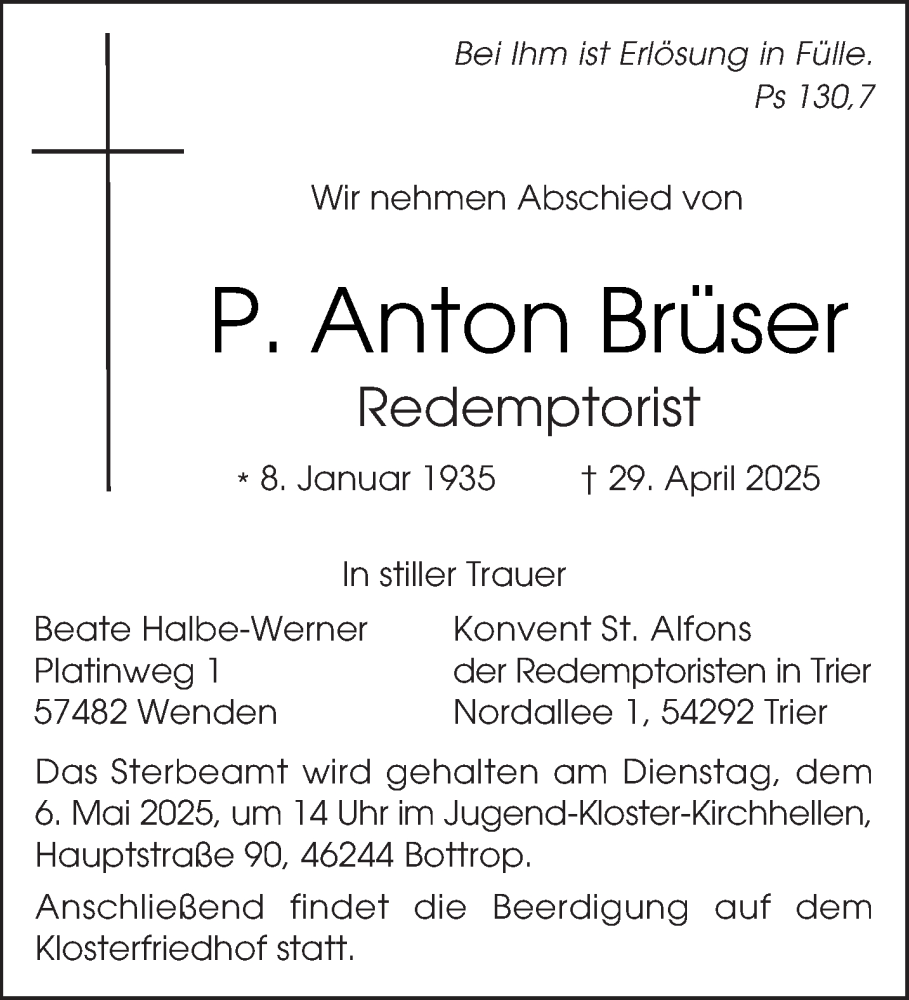  Traueranzeige für Anton Brüser vom 02.05.2025 aus trierischer_volksfreund