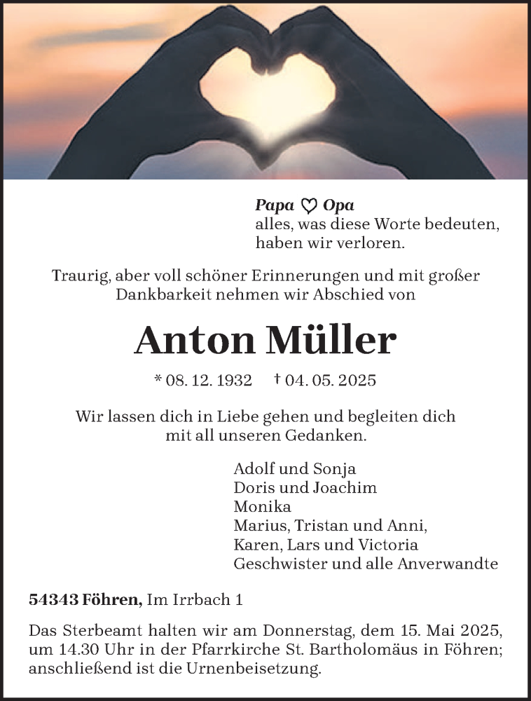  Traueranzeige für Anton Müller vom 10.05.2025 aus trierischer_volksfreund