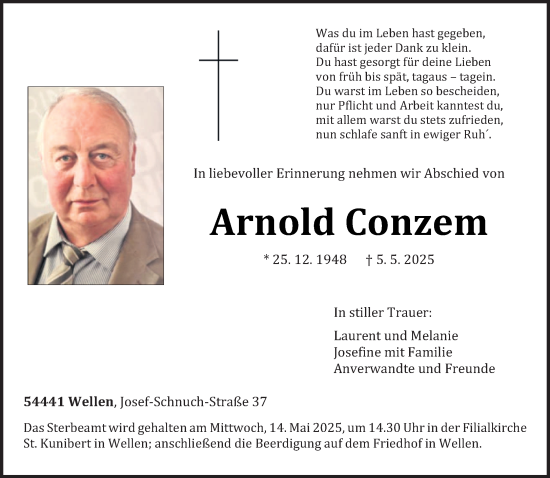 Traueranzeige von Arnold Conzem von trierischer_volksfreund