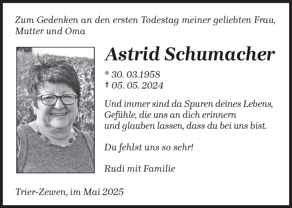  Traueranzeige für Astrid Schumacher vom 10.05.2025 aus trierischer_volksfreund