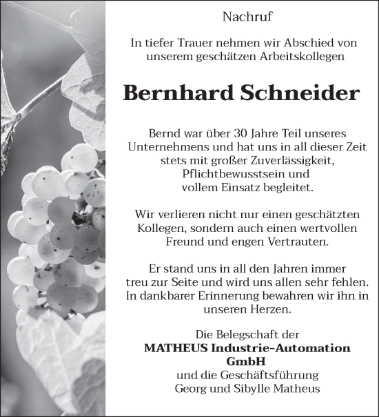 Traueranzeige von Bernhard Schneider von trierischer_volksfreund