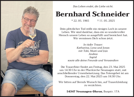 Traueranzeige von Bernhard Schneider von trierischer_volksfreund