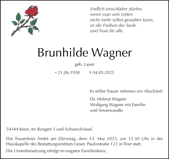 Traueranzeige von Brunhilde Wagner von trierischer_volksfreund