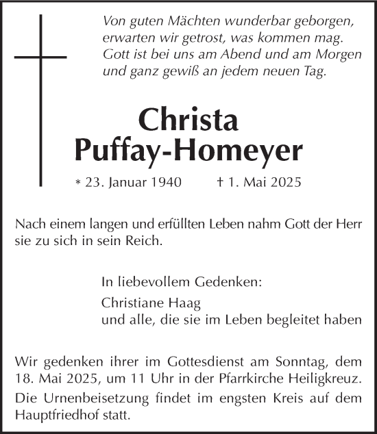 Traueranzeige von Christa Puffay-Homeyer von trierischer_volksfreund