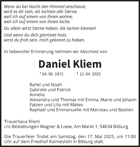 Traueranzeige von Daniel Kliem von trierischer_volksfreund