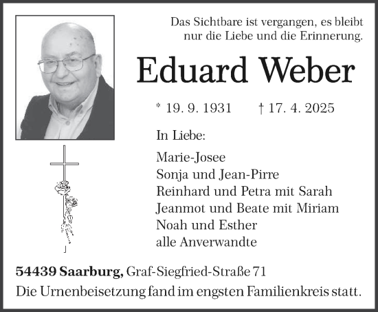 Traueranzeige von Eduard Weber von trierischer_volksfreund