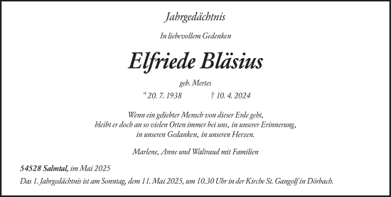 Traueranzeige von Elfriede Bläsius von trierischer_volksfreund