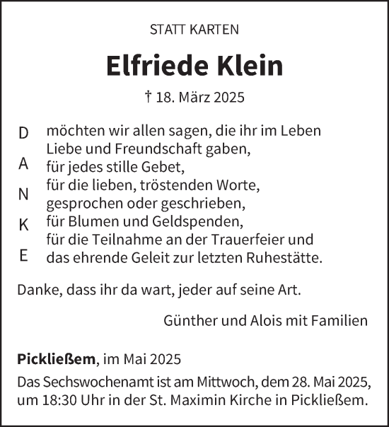 Traueranzeige von Elfriede Klein von trierischer_volksfreund