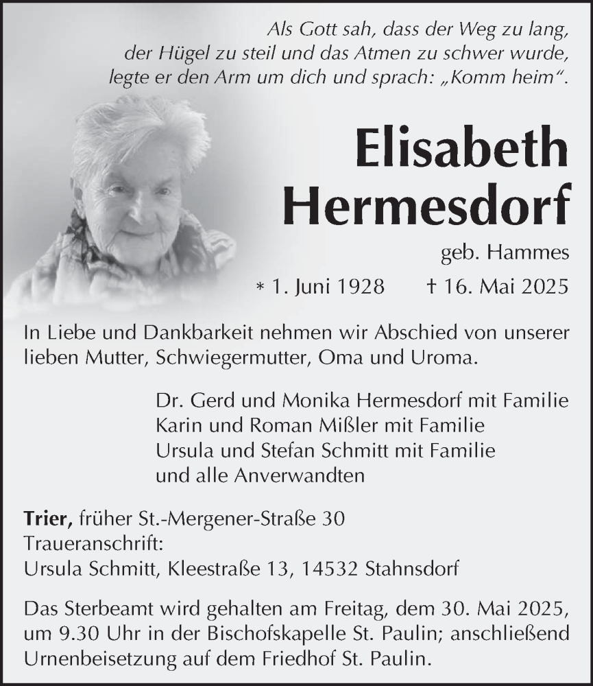  Traueranzeige für Elisabeth Hermesdorf vom 24.05.2025 aus trierischer_volksfreund