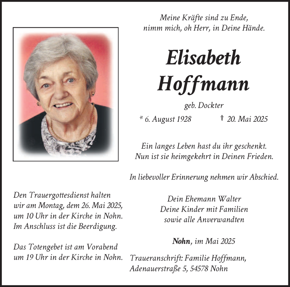  Traueranzeige für Elisabeth Hoffmann vom 24.05.2025 aus trierischer_volksfreund