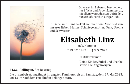 Traueranzeige von Elisabeth Linz von trierischer_volksfreund