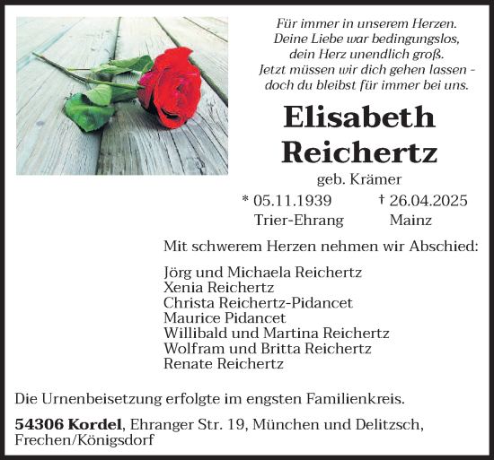 Traueranzeige von Elisabeth Reichertz von trierischer_volksfreund