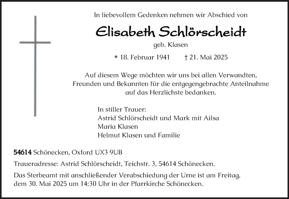  Traueranzeige für Elisabeth Schlörscheidt vom 24.05.2025 aus trierischer_volksfreund