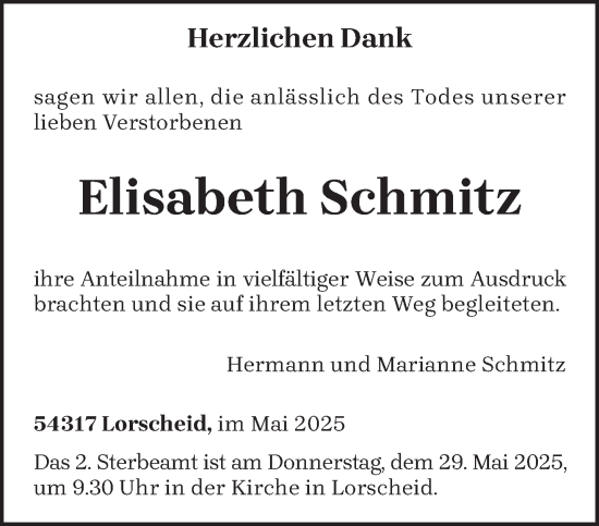 Traueranzeige von Elisabeth Schmitz von trierischer_volksfreund