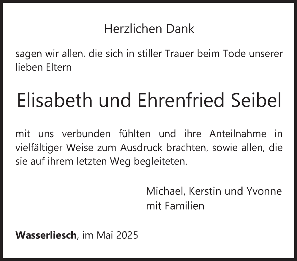  Traueranzeige für Elisabeth und Ehrenfried Seibel vom 10.05.2025 aus trierischer_volksfreund