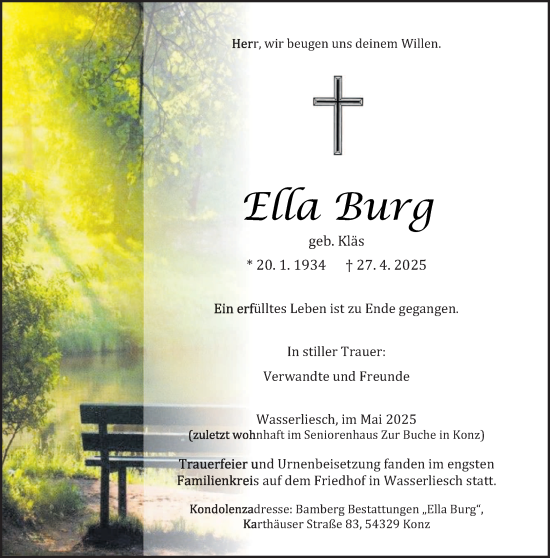 Traueranzeige von Ella Burg von trierischer_volksfreund