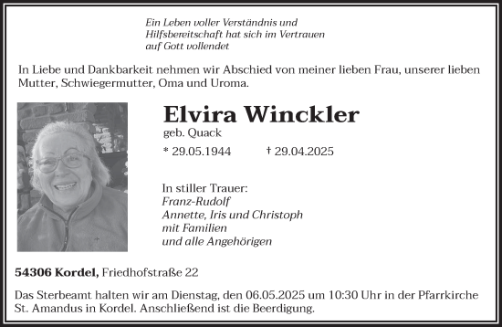 Traueranzeige von Elvira Winckler von trierischer_volksfreund