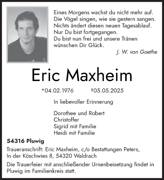 Traueranzeige von Eric Maxheim von trierischer_volksfreund