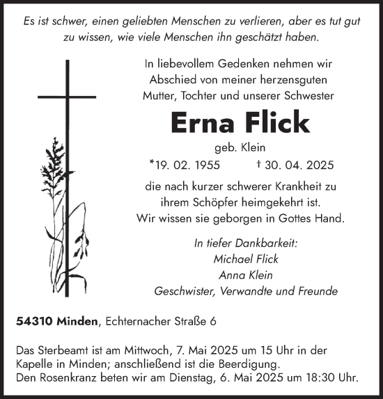 Traueranzeige von Erna Flick von trierischer_volksfreund