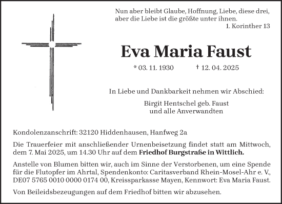 Traueranzeige von Eva Maria Faust von trierischer_volksfreund