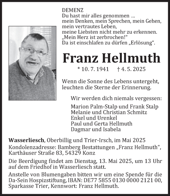 Traueranzeige von Franz Hellmuth von trierischer_volksfreund