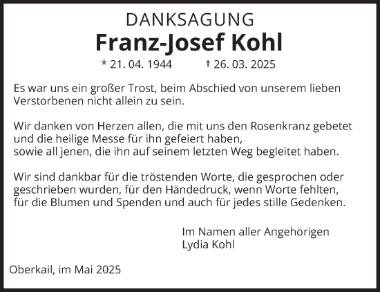 Traueranzeige von Franz-Josef Kohl von trierischer_volksfreund