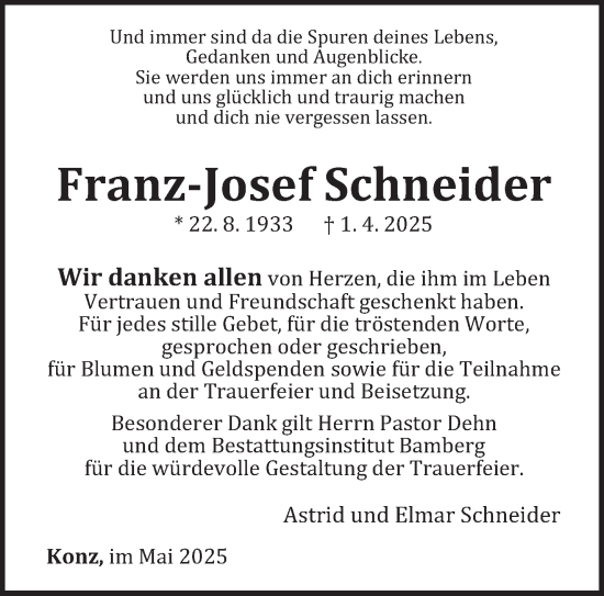 Traueranzeige von Franz-Josef Schneider von trierischer_volksfreund