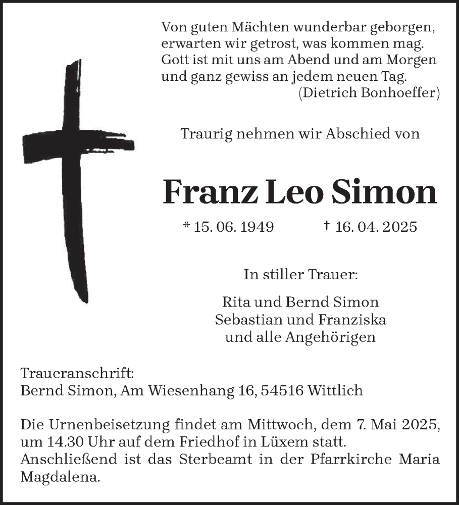  Traueranzeige für Franz Leo Simon vom 03.05.2025 aus trierischer_volksfreund