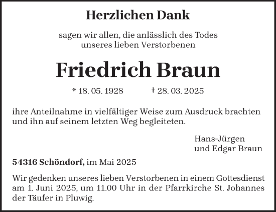 Traueranzeige von Friedrich Braun von trierischer_volksfreund