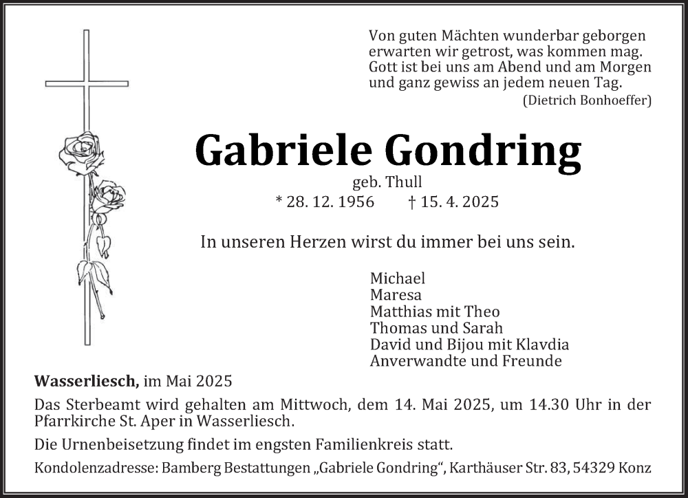  Traueranzeige für Gabriele Gondring vom 10.05.2025 aus trierischer_volksfreund