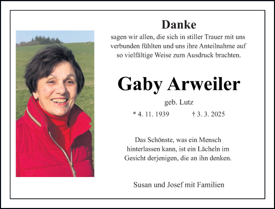 Traueranzeige von Gaby Arweiler von trierischer_volksfreund