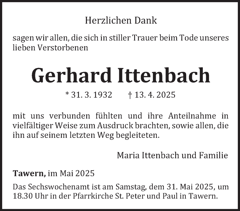  Traueranzeige für Gerhard Ittenbach vom 24.05.2025 aus trierischer_volksfreund