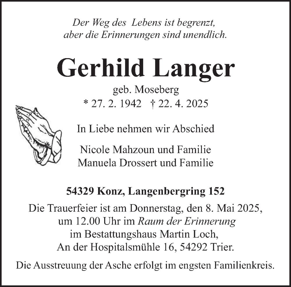  Traueranzeige für Gerhild Langer vom 03.05.2025 aus trierischer_volksfreund