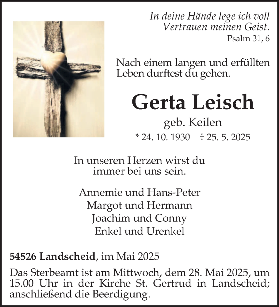  Traueranzeige für Gerta Leisch vom 27.05.2025 aus trierischer_volksfreund