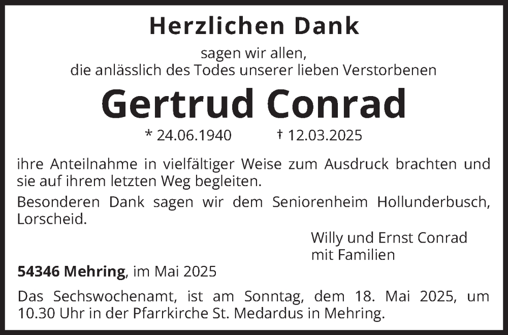  Traueranzeige für Gertrud Conrad vom 17.05.2025 aus trierischer_volksfreund