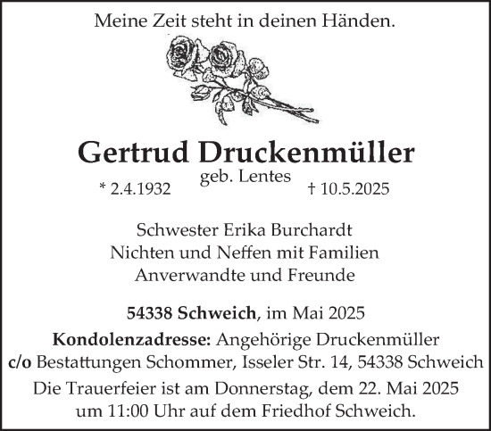 Traueranzeige von Gertrud Druckenmüller von trierischer_volksfreund