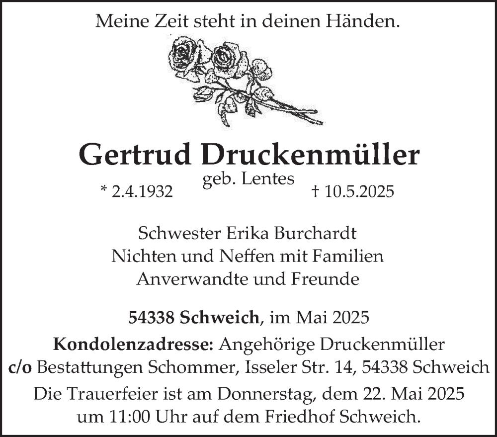  Traueranzeige für Gertrud Druckenmüller vom 17.05.2025 aus trierischer_volksfreund